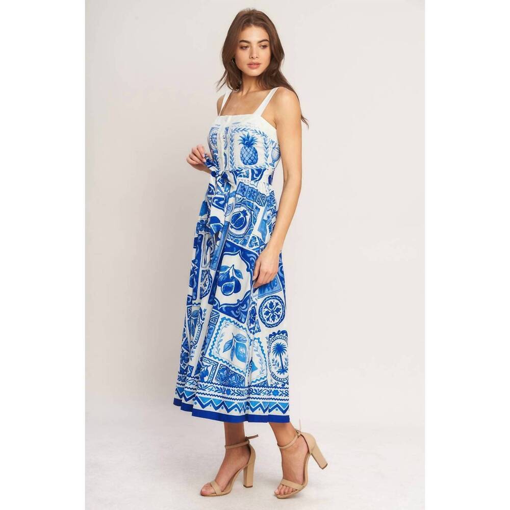 NEW FLYING TOMATO printed woven midi dress in blue - Picture 6 of 8
